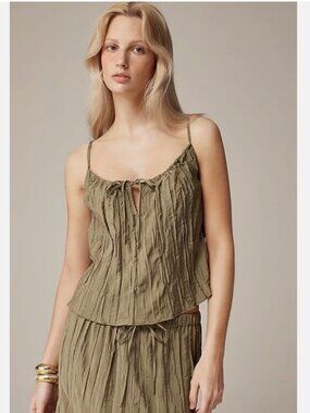 J. Crew Crinkle Tank Top Midi Skirt Matching Set Olive Green Neutral Relaxed